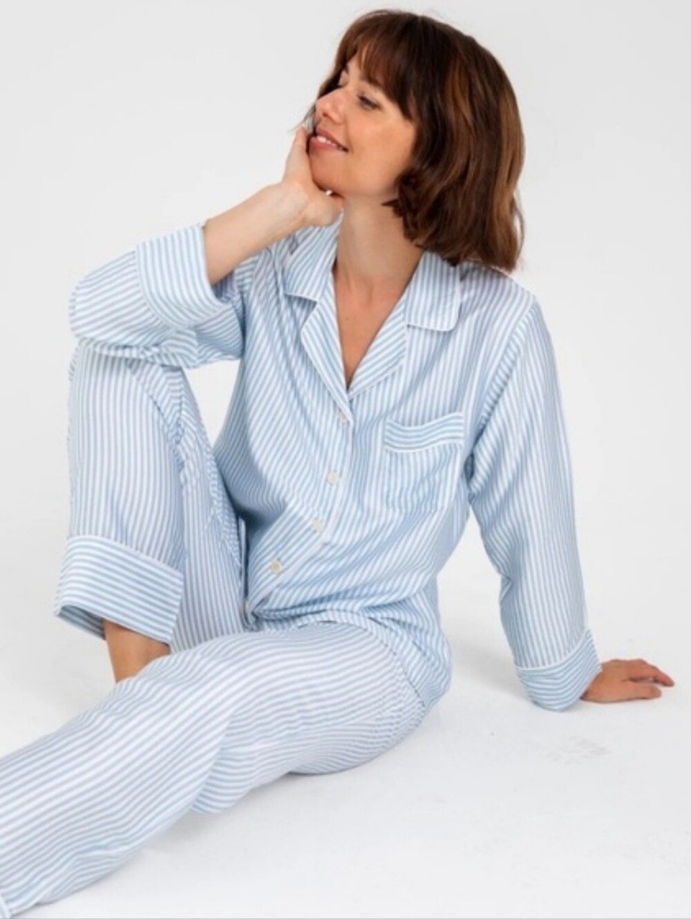 Ettitde Light Blue Stripe Classic Women's 100% Bamboo Pajama Set MSRP $200.00+